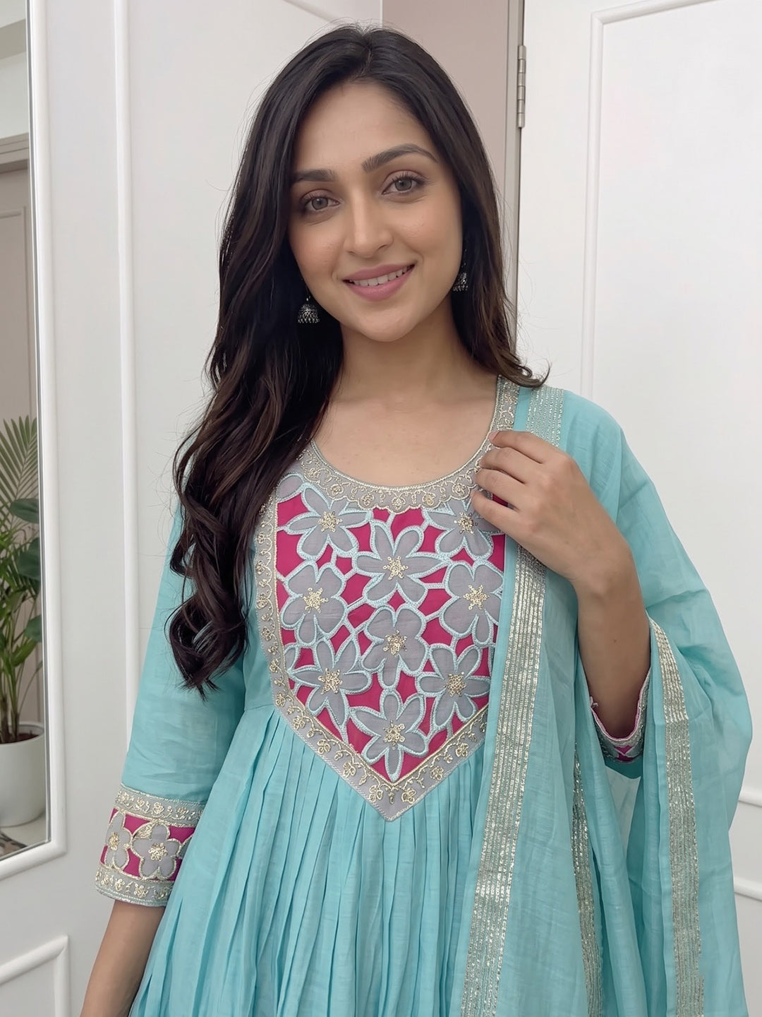 Sky Blue Printed Chanderi Kurta With Pant &amp; Dupatta
