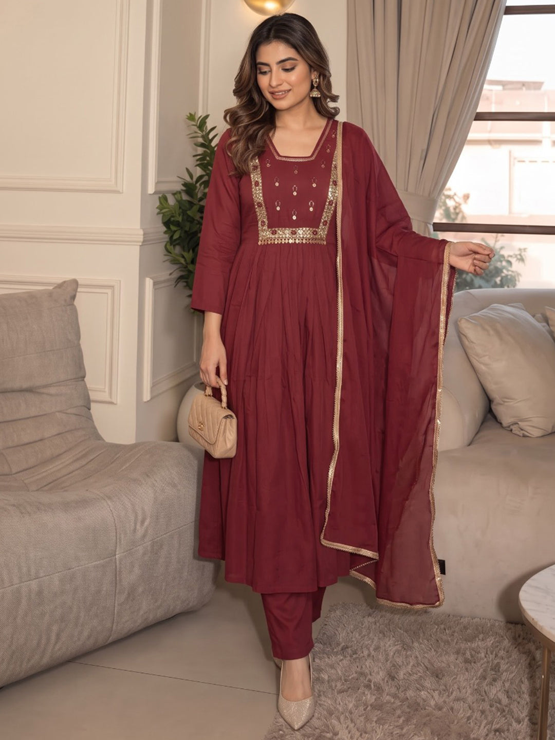 Maroon Printed Cotton Blend Kurta With Pant &amp; Dupatta
