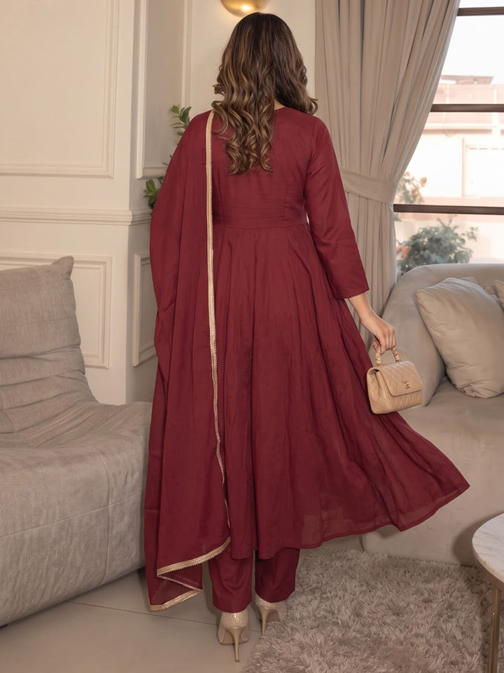 Maroon Printed Cotton Blend Kurta With Pant &amp; Dupatta