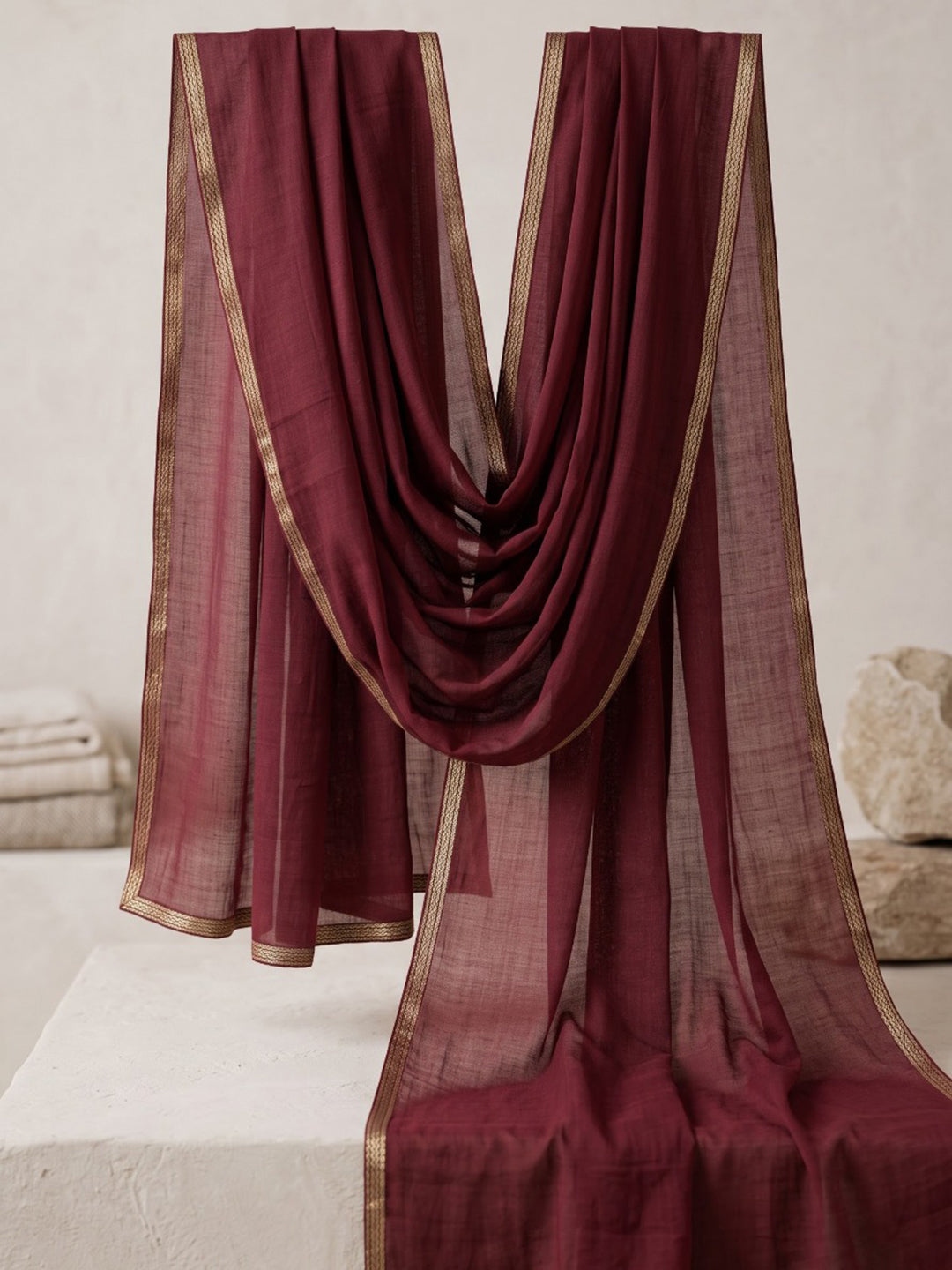 Maroon Printed Cotton Blend Kurta With Pant &amp; Dupatta