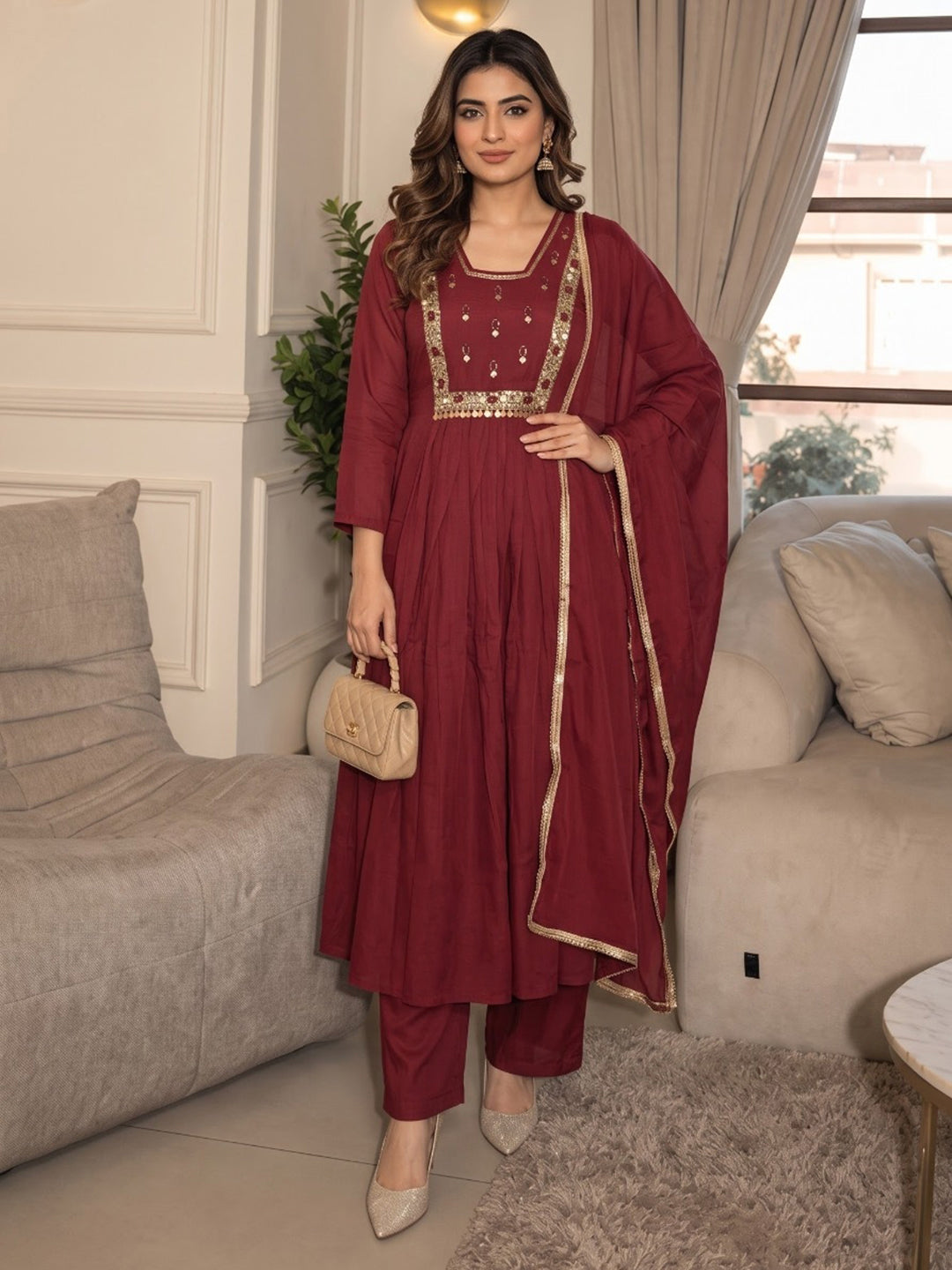 Maroon Printed Cotton Blend Kurta With Pant &amp; Dupatta
