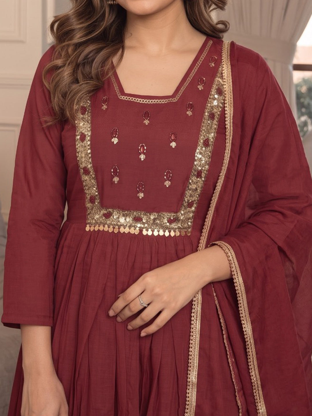 Maroon Printed Cotton Blend Kurta With Pant &amp; Dupatta