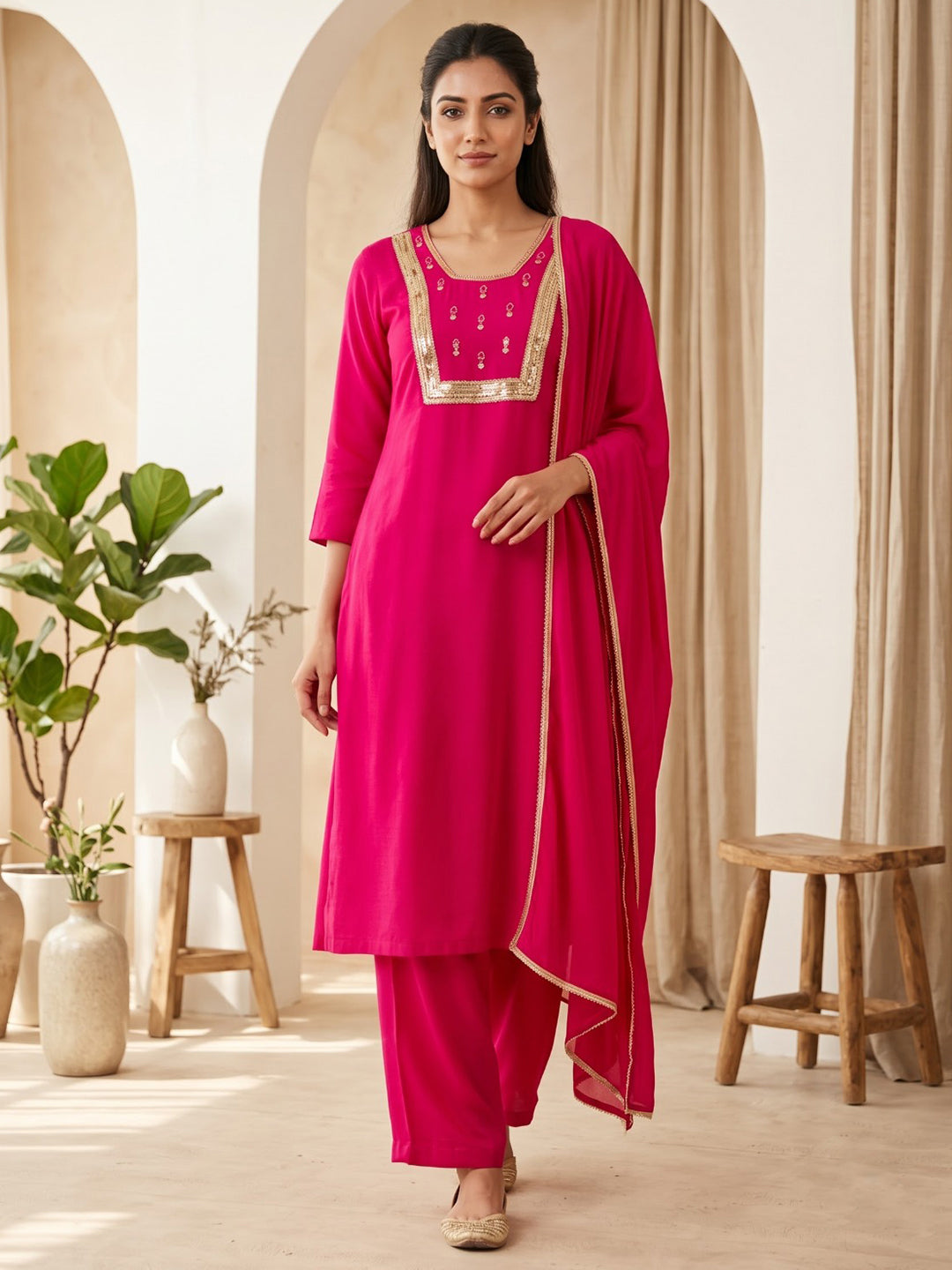 Rani Printed Cotton Blend Kurta With Pant &amp; Dupatta
