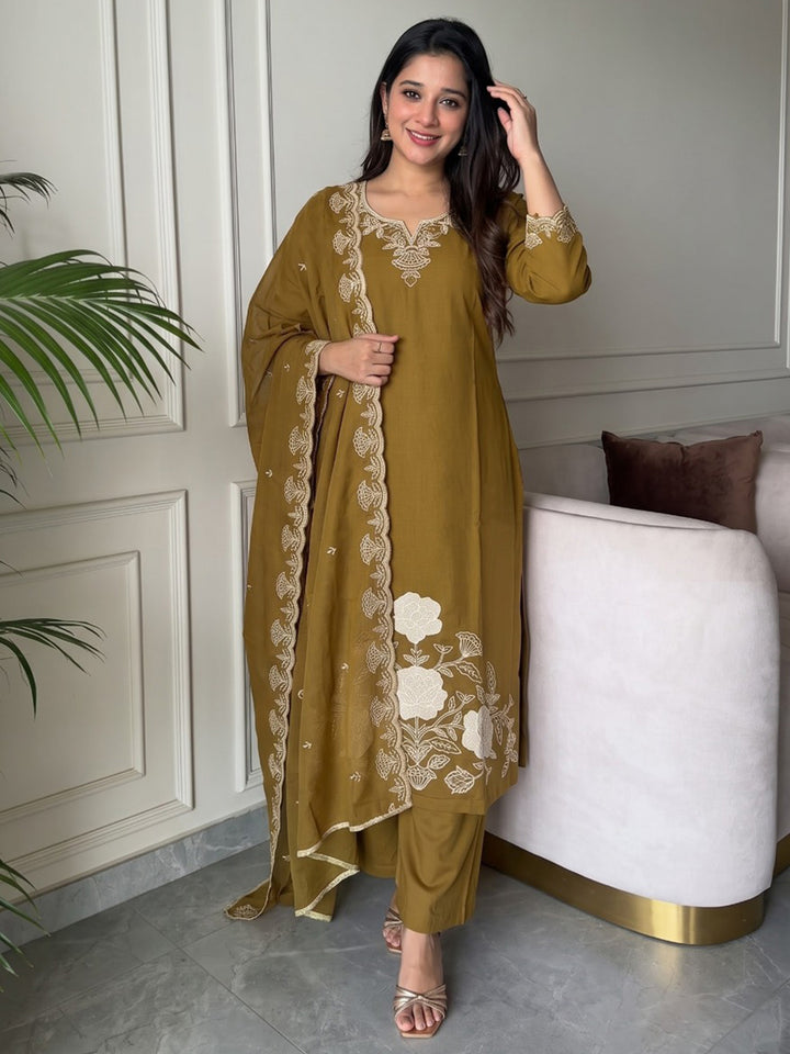 Brown Printed Cotton Blend Kurta With Pant &amp; Dupatta