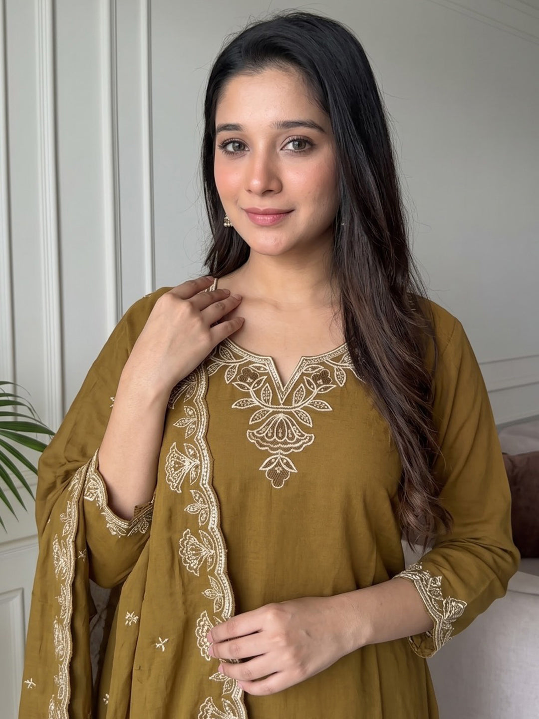 Brown Printed Cotton Blend Kurta With Pant &amp; Dupatta
