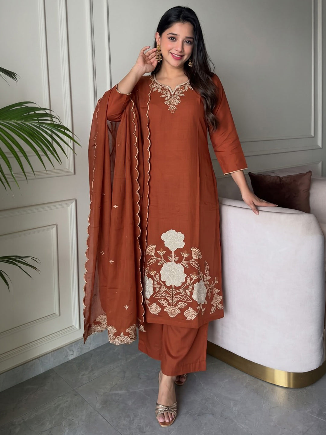 Rust Printed Cotton Blend Kurta With Pant &amp; Dupatta