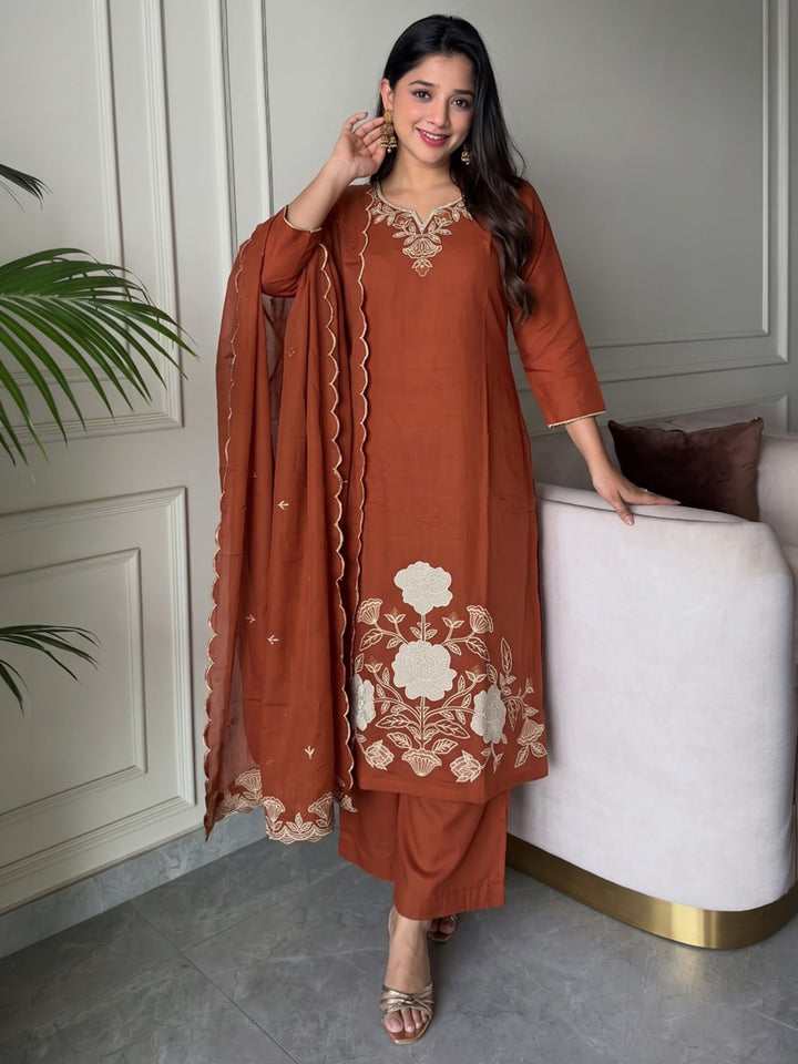 Rust Printed Cotton Blend Kurta With Pant &amp; Dupatta