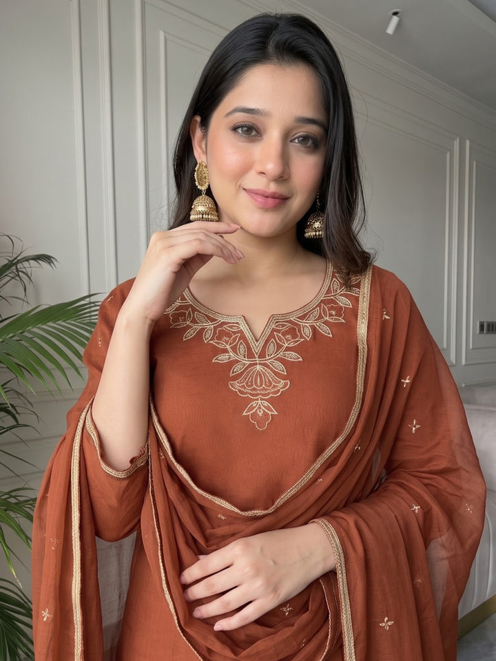Rust Printed Cotton Blend Kurta With Pant &amp; Dupatta