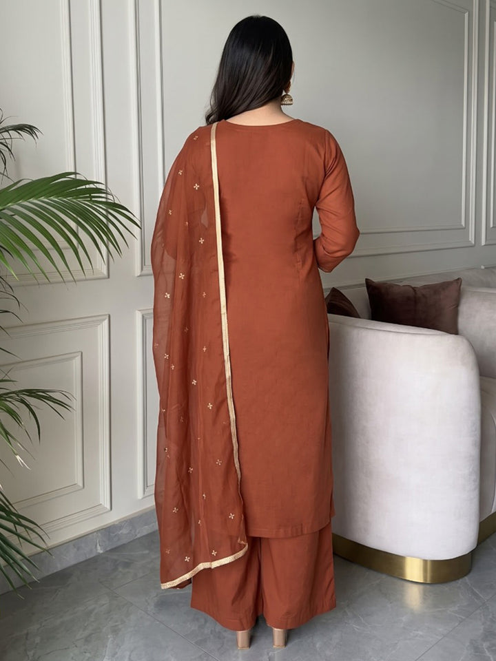 Rust Printed Cotton Blend Kurta With Pant &amp; Dupatta