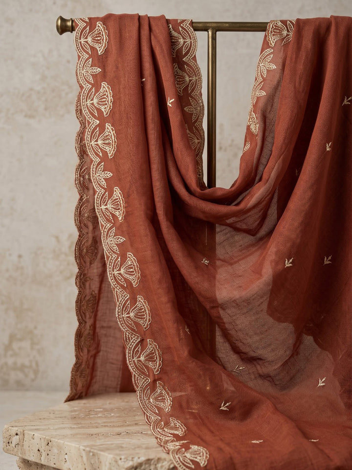 Rust Printed Cotton Blend Kurta With Pant &amp; Dupatta