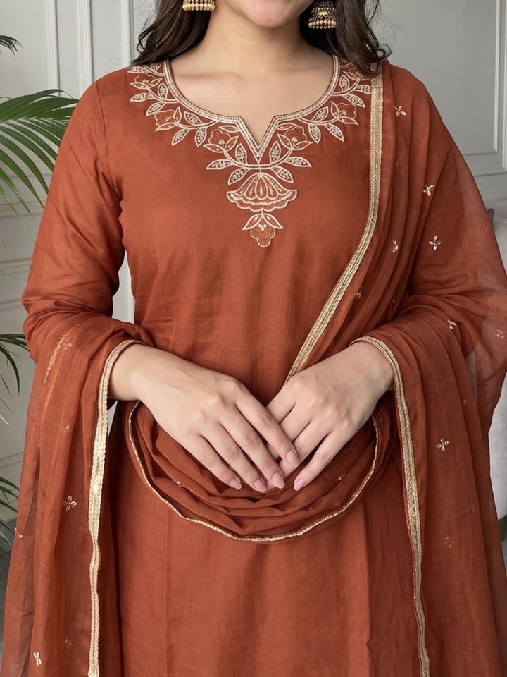 Rust Printed Cotton Blend Kurta With Pant &amp; Dupatta