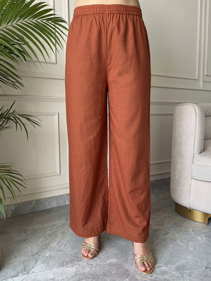 Rust Printed Cotton Blend Kurta With Pant &amp; Dupatta