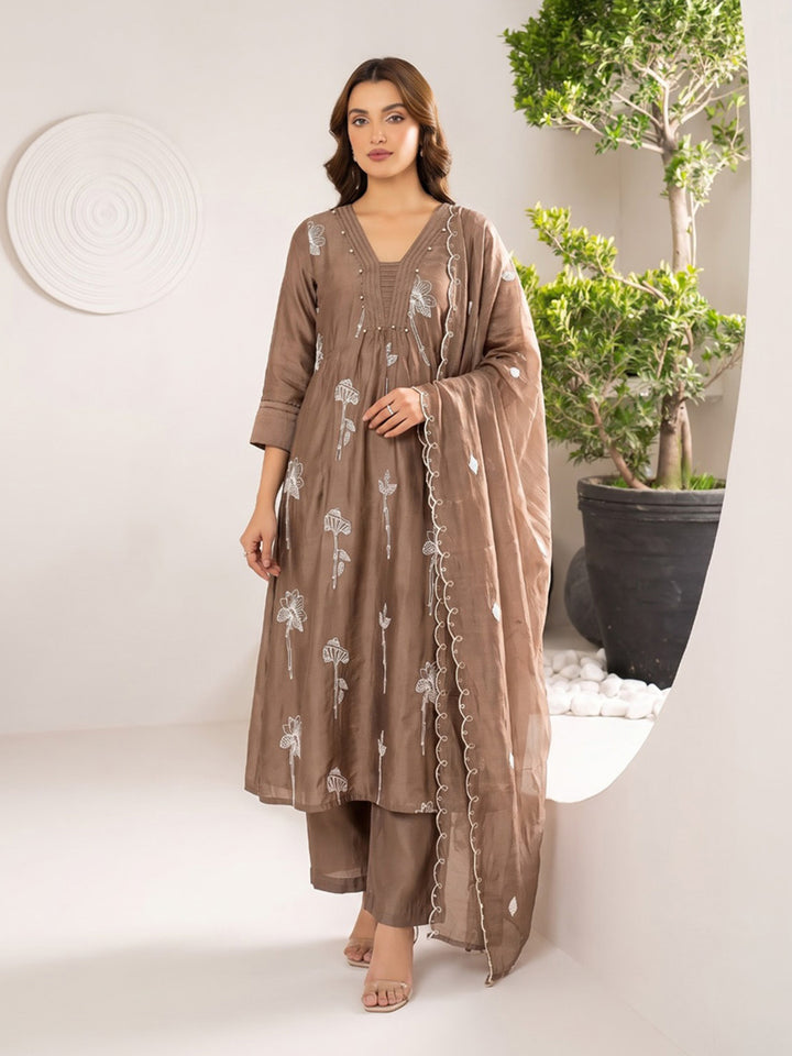 Brown Printed Chanderi Kurta With Pant &amp; Dupatta