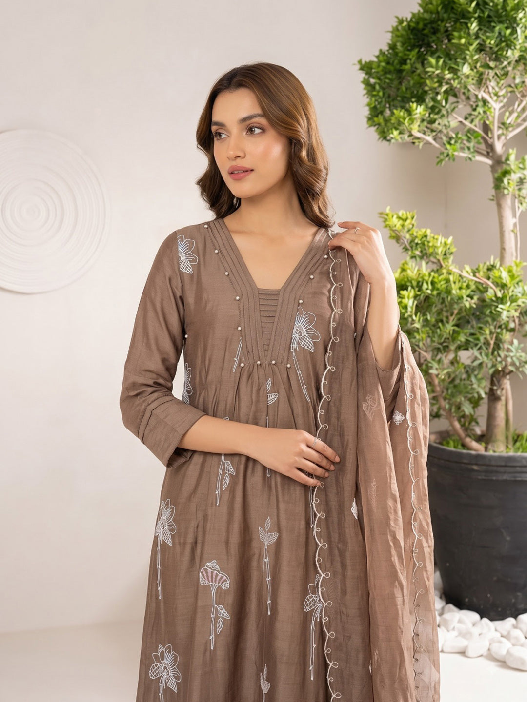 Brown Printed Chanderi Kurta With Pant &amp; Dupatta