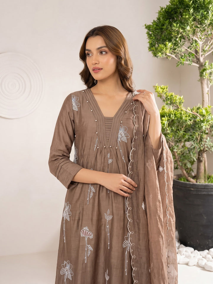 Brown Printed Chanderi Kurta With Pant &amp; Dupatta