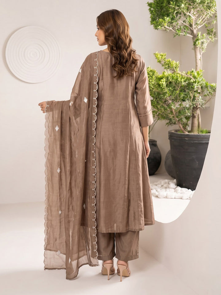 Brown Printed Chanderi Kurta With Pant &amp; Dupatta