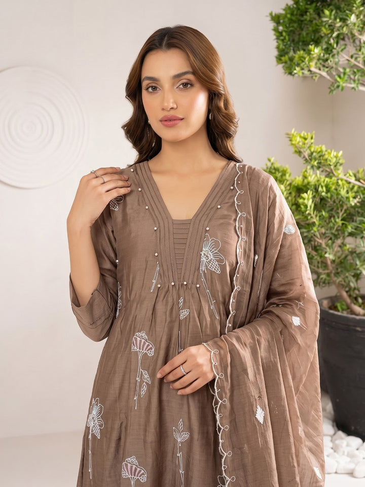 Brown Printed Chanderi Kurta With Pant &amp; Dupatta