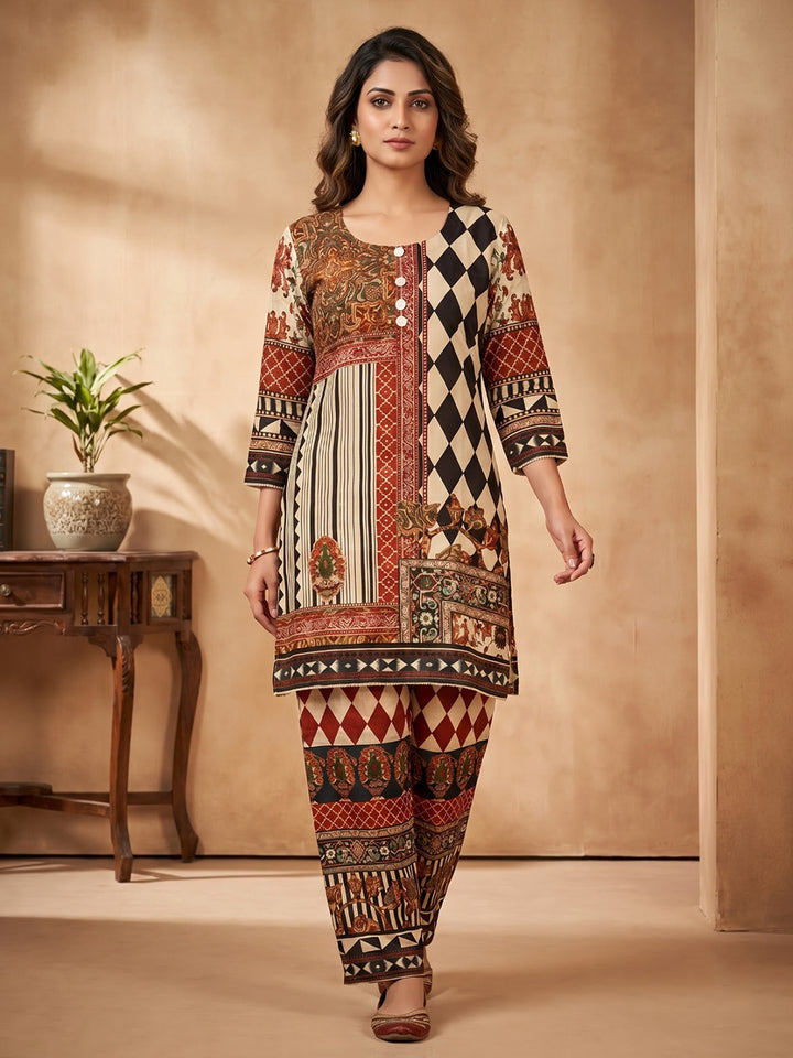 Beige Printed Crepe Kurta Set