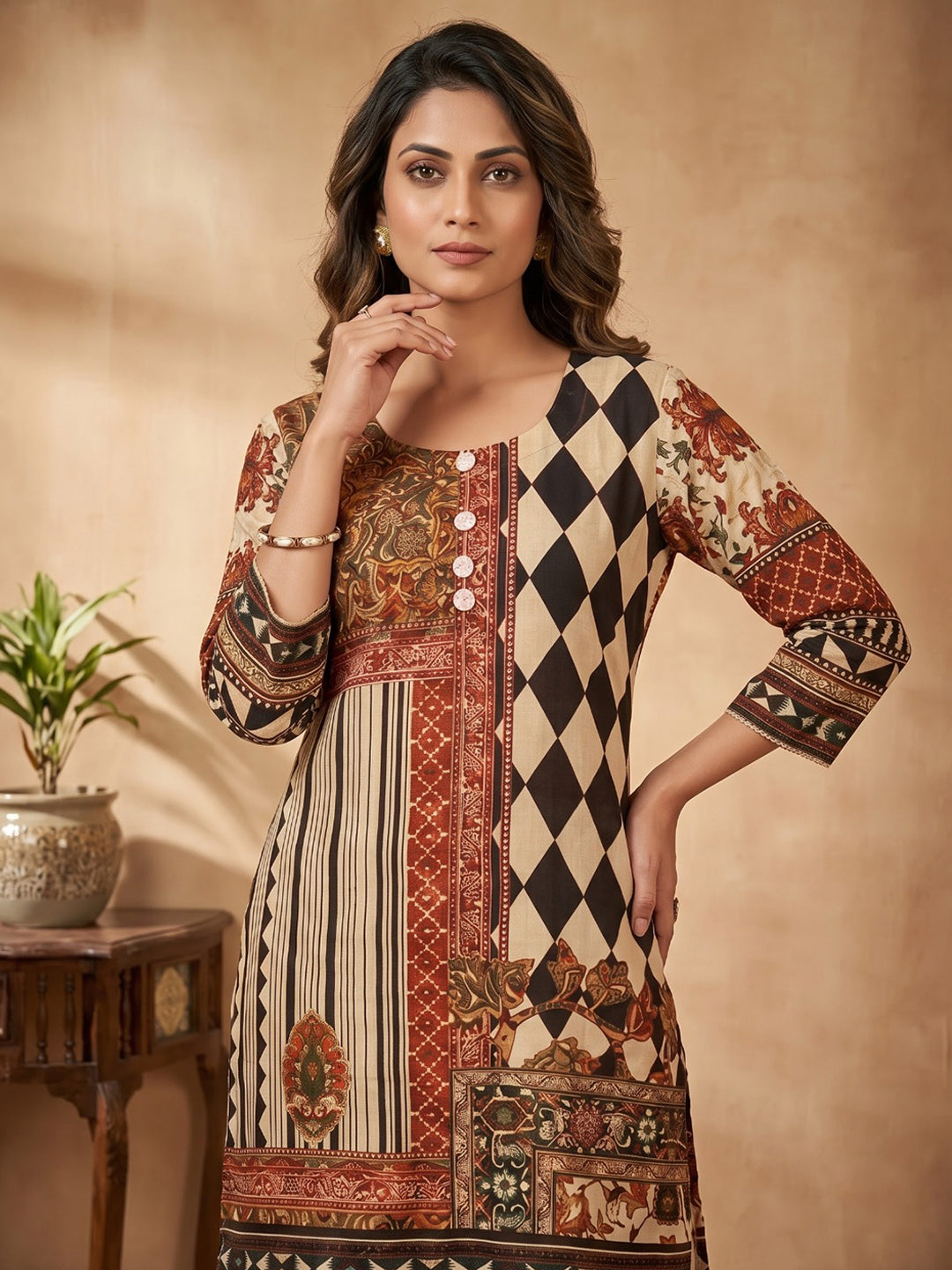Beige Printed Crepe Kurta Set