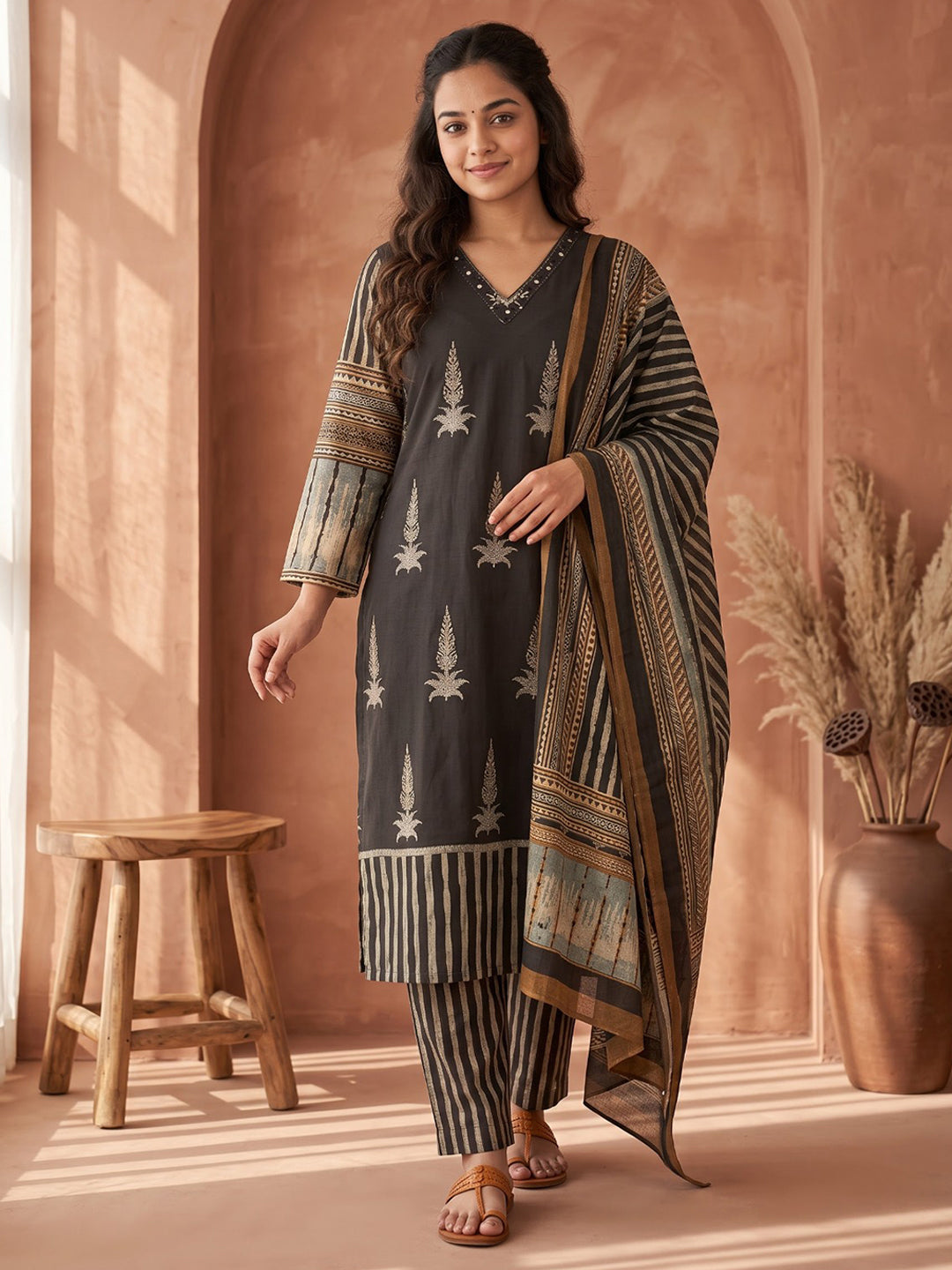 Black Embroidered Cotton Blend Kurta With Pant &amp; Dupatta