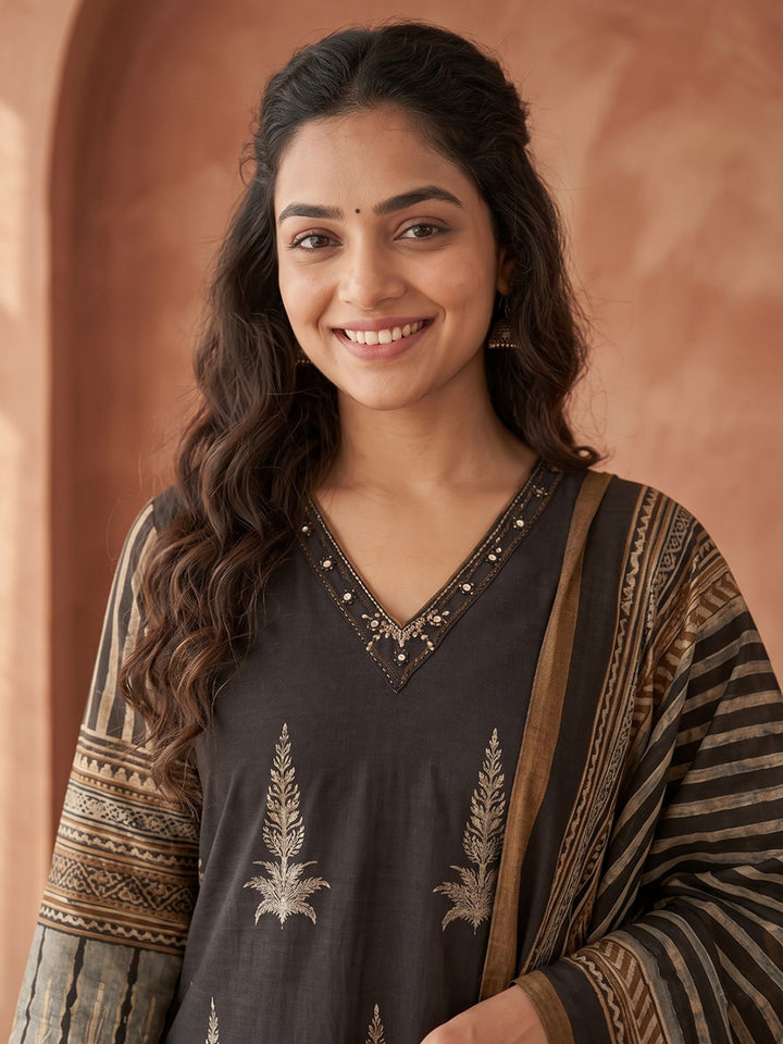 Black Embroidered Cotton Blend Kurta With Pant &amp; Dupatta