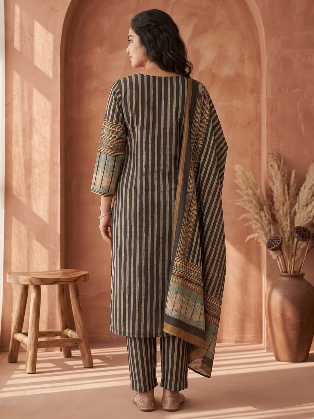 Black Embroidered Cotton Blend Kurta With Pant &amp; Dupatta