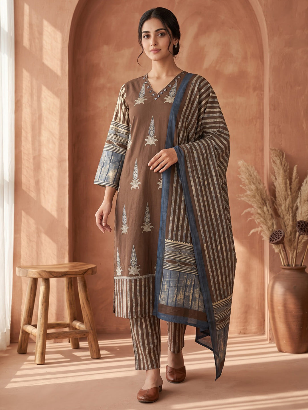 Brown Embroidered Cotton Blend Kurta With Pant &amp; Dupatta