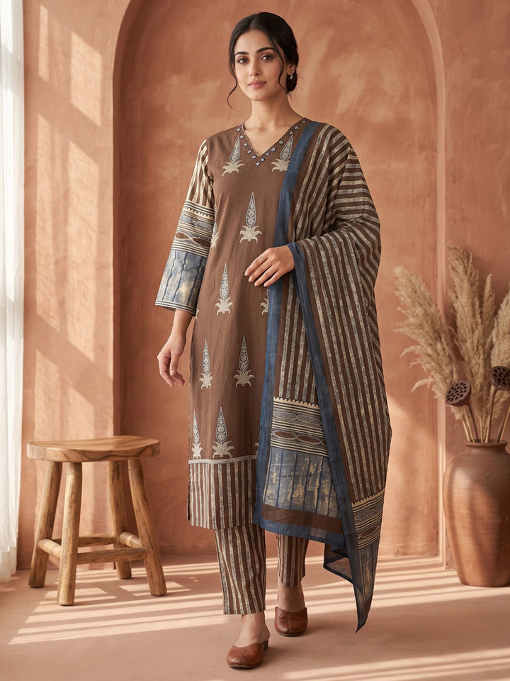 Brown Embroidered Cotton Blend Kurta With Pant &amp; Dupatta