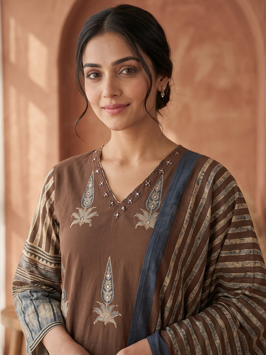 Brown Embroidered Cotton Blend Kurta With Pant &amp; Dupatta