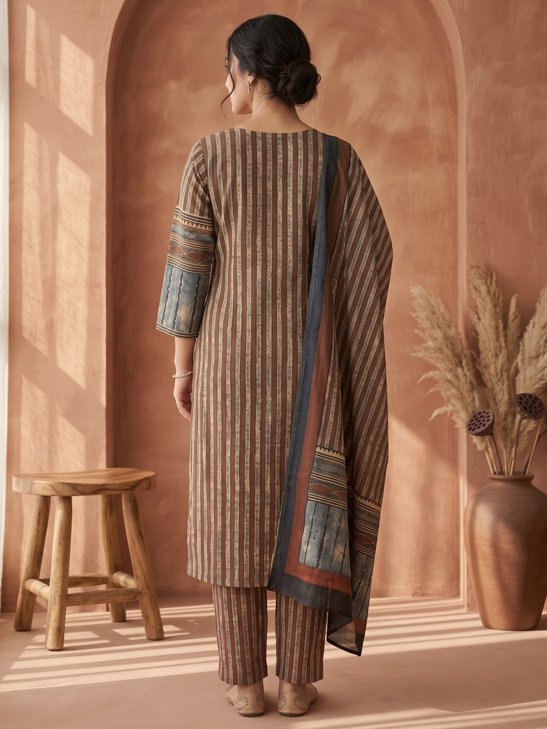 Brown Embroidered Cotton Blend Kurta With Pant &amp; Dupatta