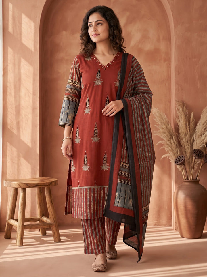 Red Embroidered Cotton Blend Kurta With Pant &amp; Dupatta
