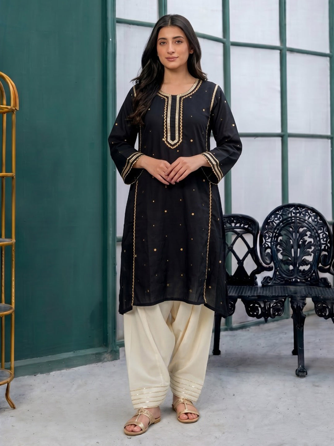 Black Printed Cotton Blend Kurta Set