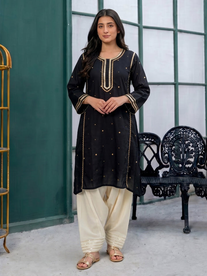 Black Printed Cotton Blend Kurta Set