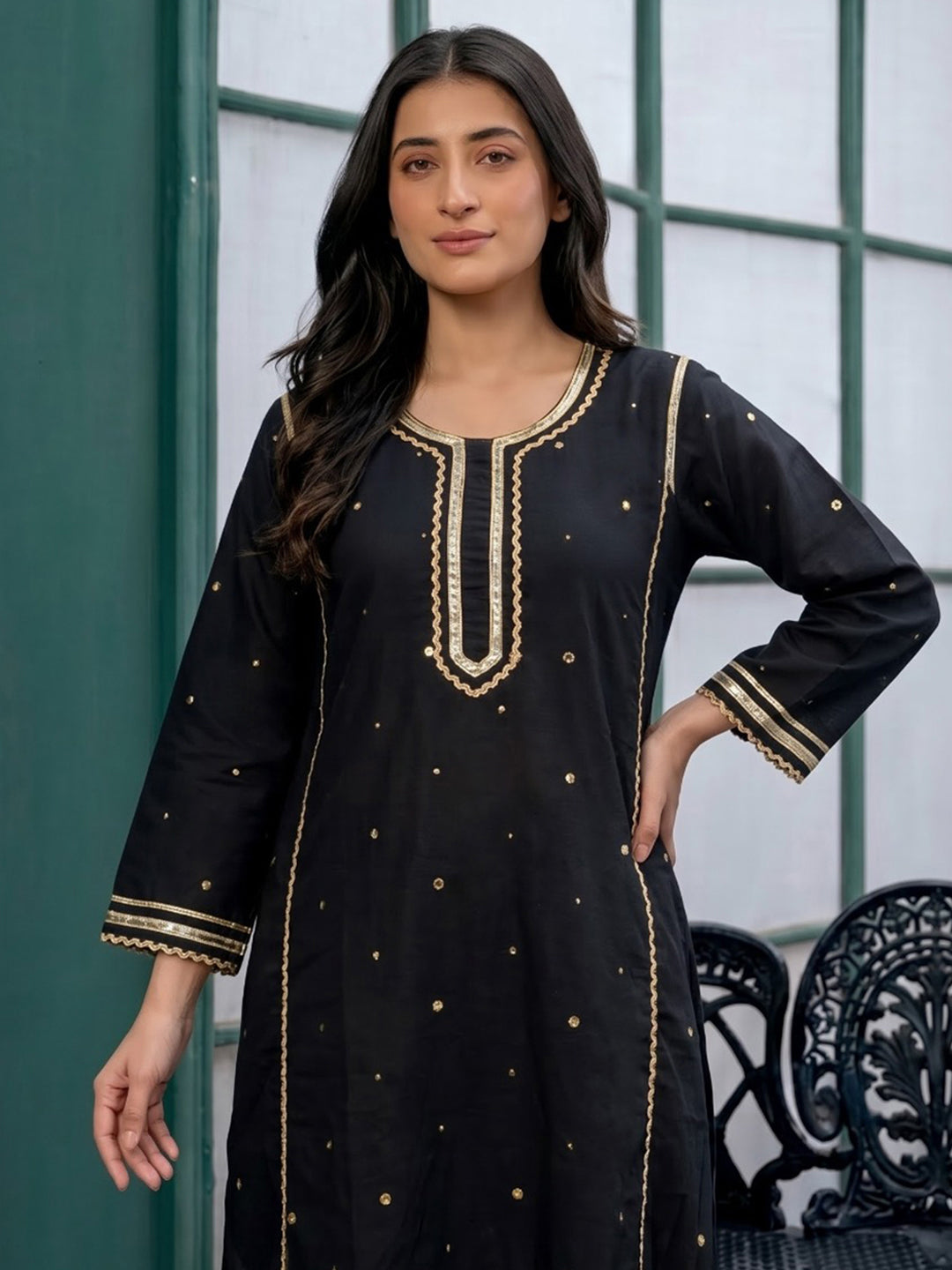 Black Printed Cotton Blend Kurta Set