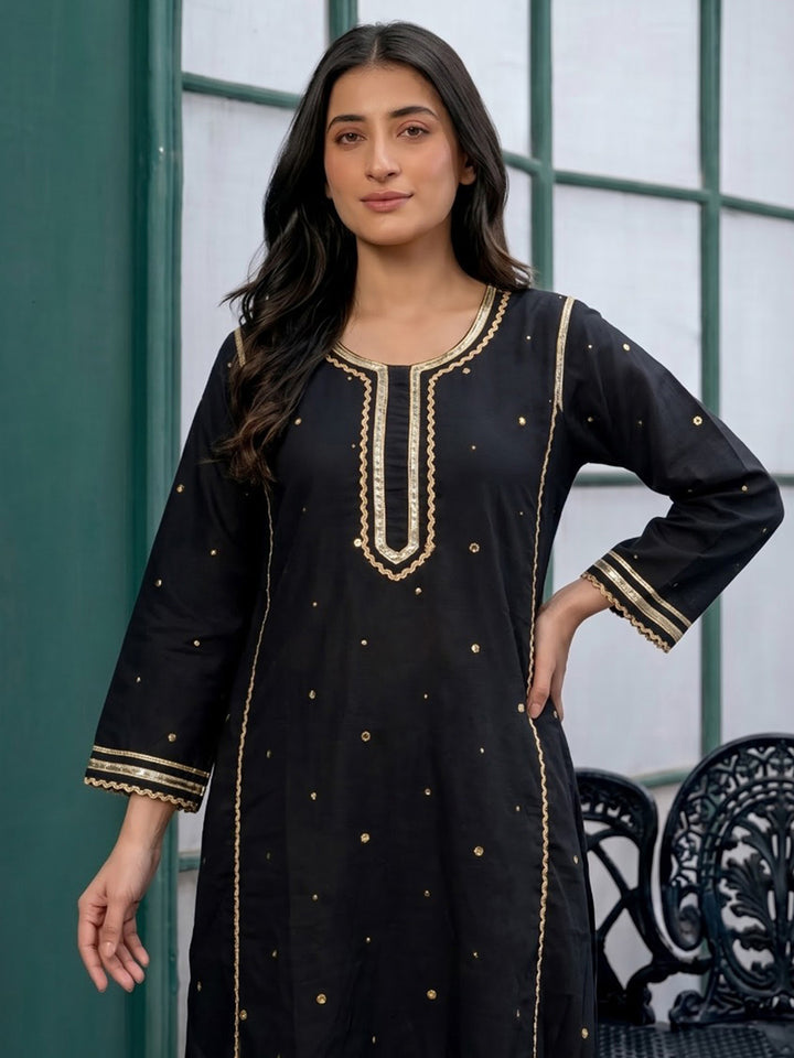 Black Printed Cotton Blend Kurta Set