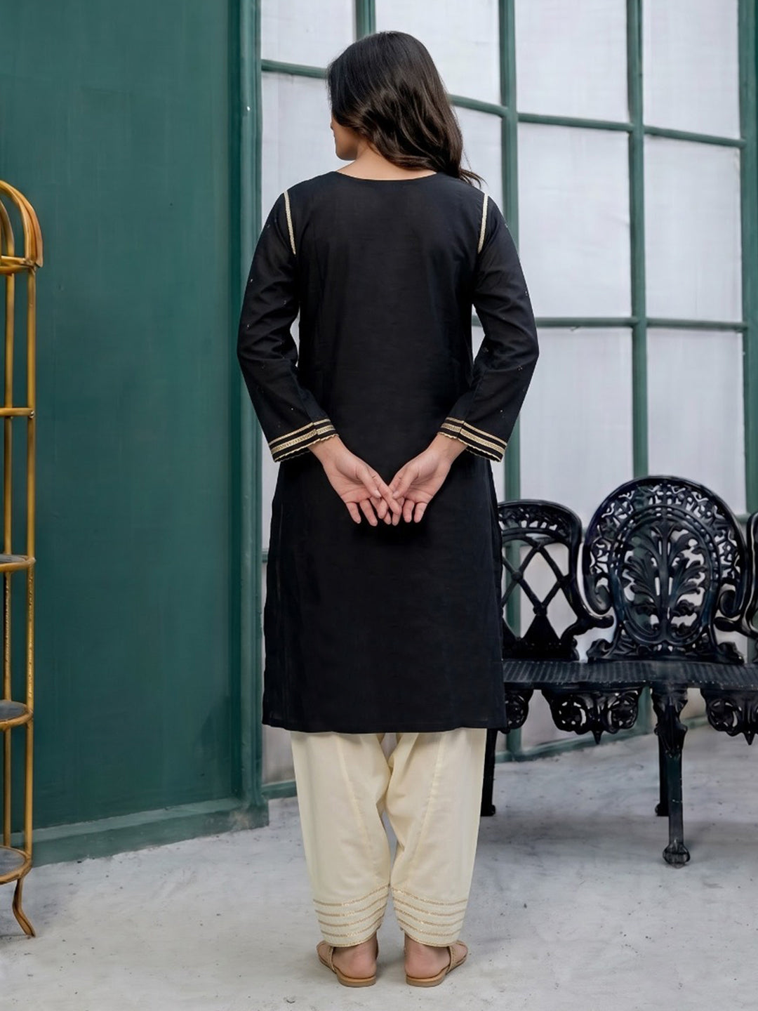 Black Printed Cotton Blend Kurta Set