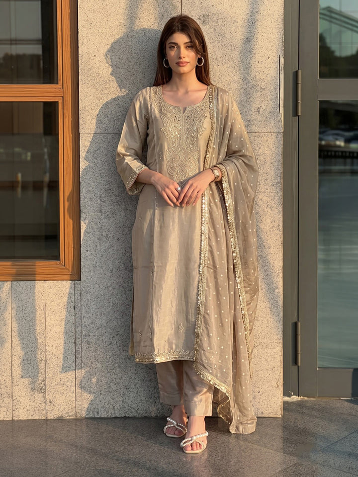 Beige Printed Crepe Kurta With Pant &amp; Dupatta