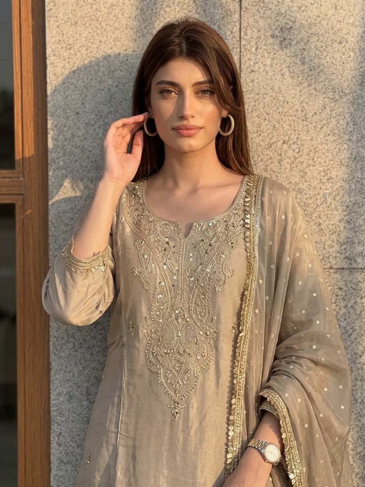 Beige Printed Crepe Kurta With Pant &amp; Dupatta