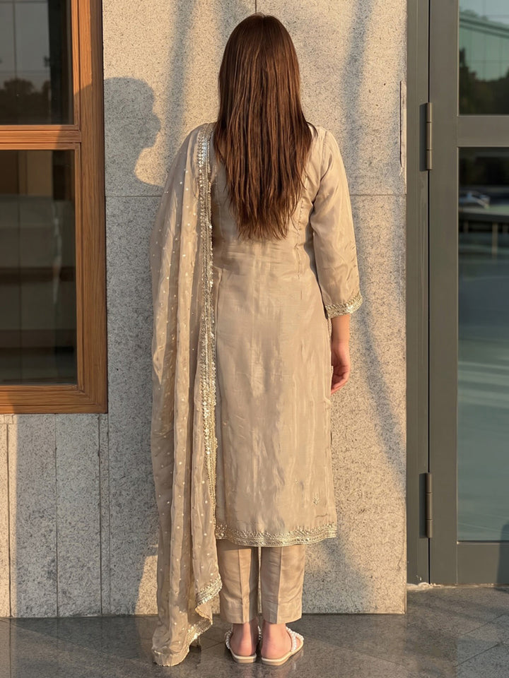 Beige Printed Crepe Kurta With Pant &amp; Dupatta