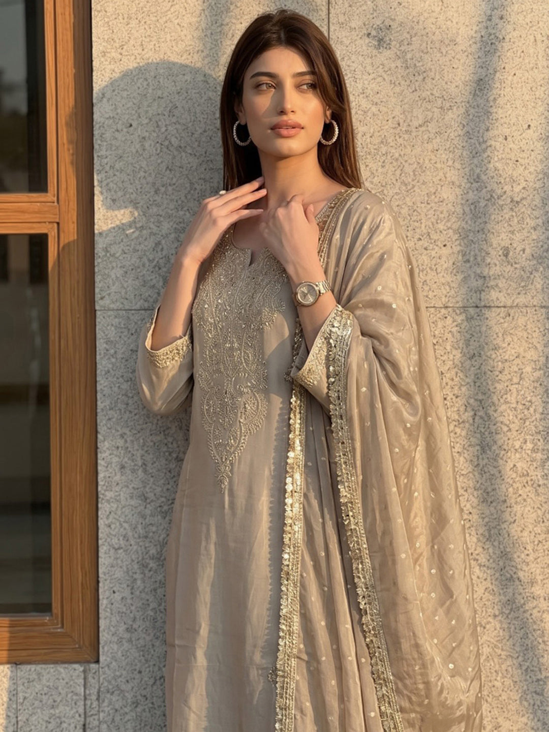 Beige Printed Crepe Kurta With Pant &amp; Dupatta