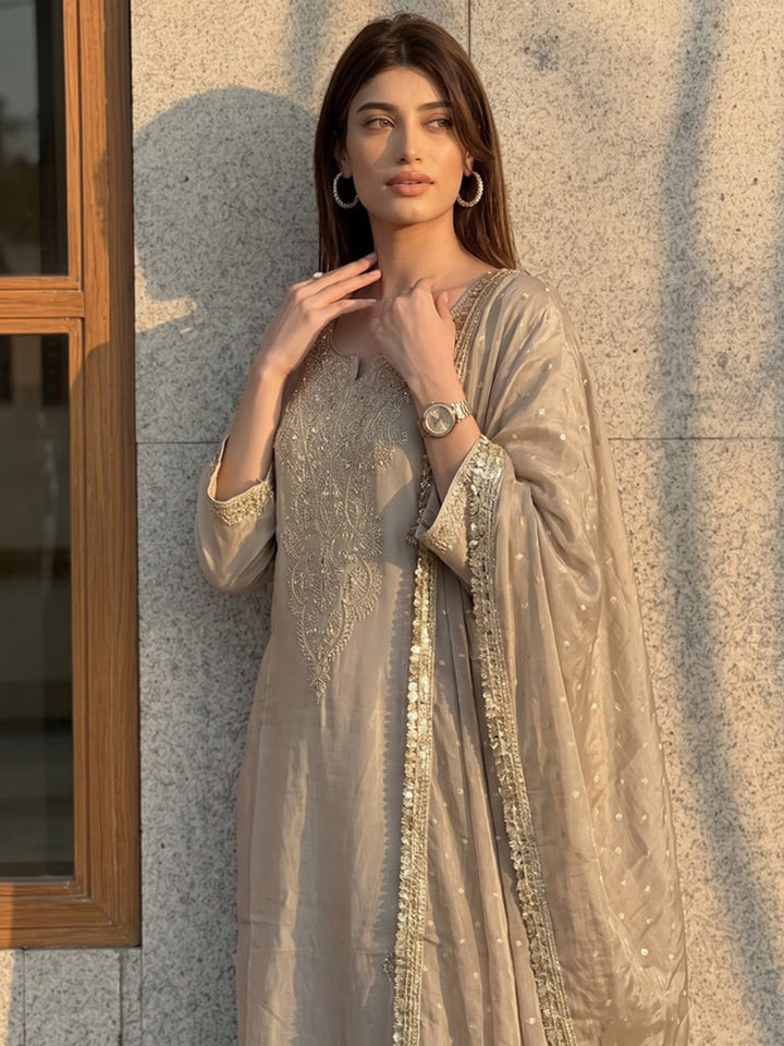 Beige Printed Crepe Kurta With Pant &amp; Dupatta