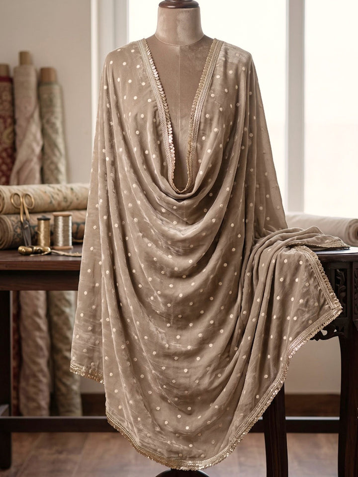 Beige Printed Crepe Kurta With Pant &amp; Dupatta