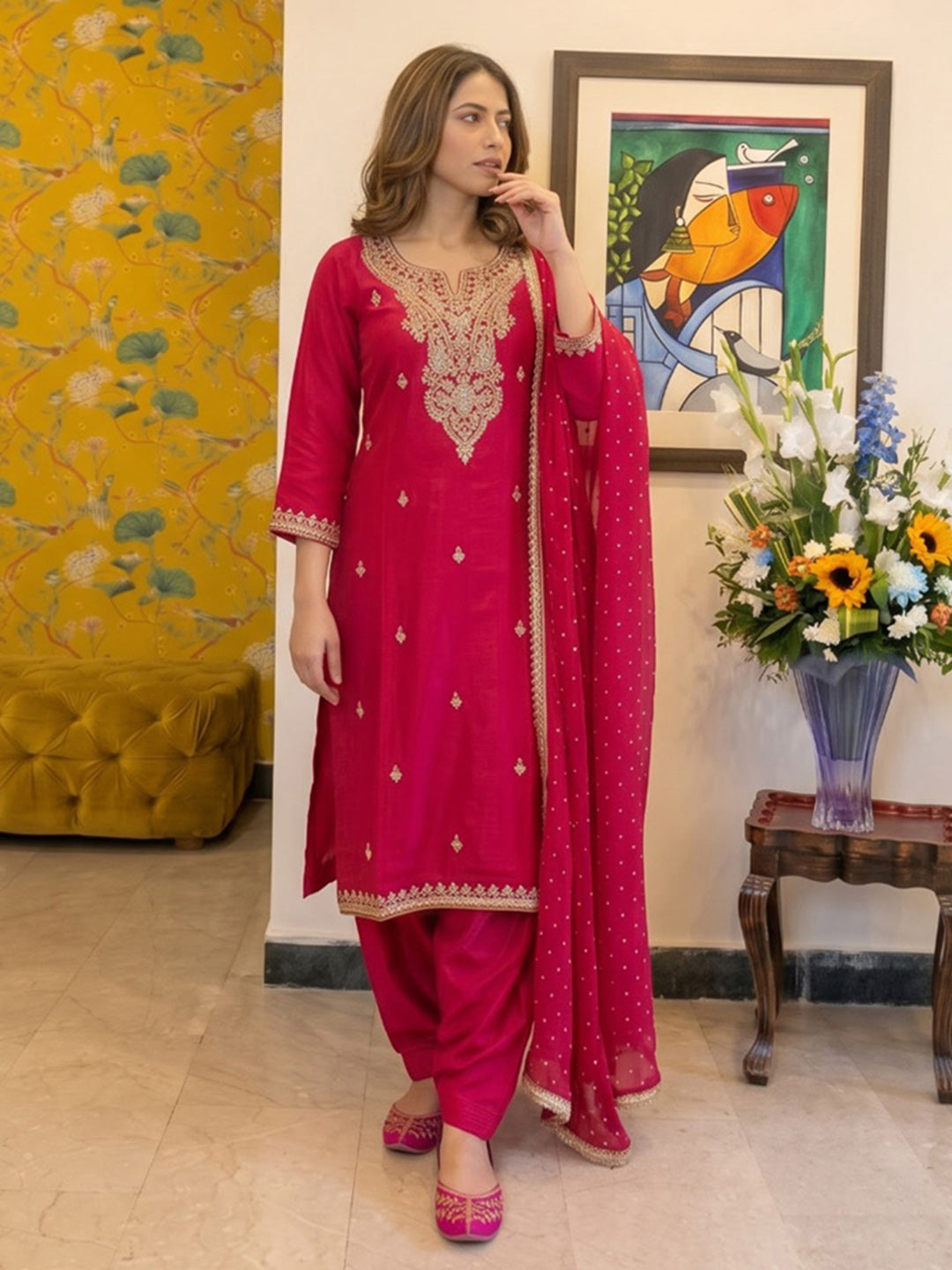 Red Printed Crepe Kurta With Pant &amp; Dupatta