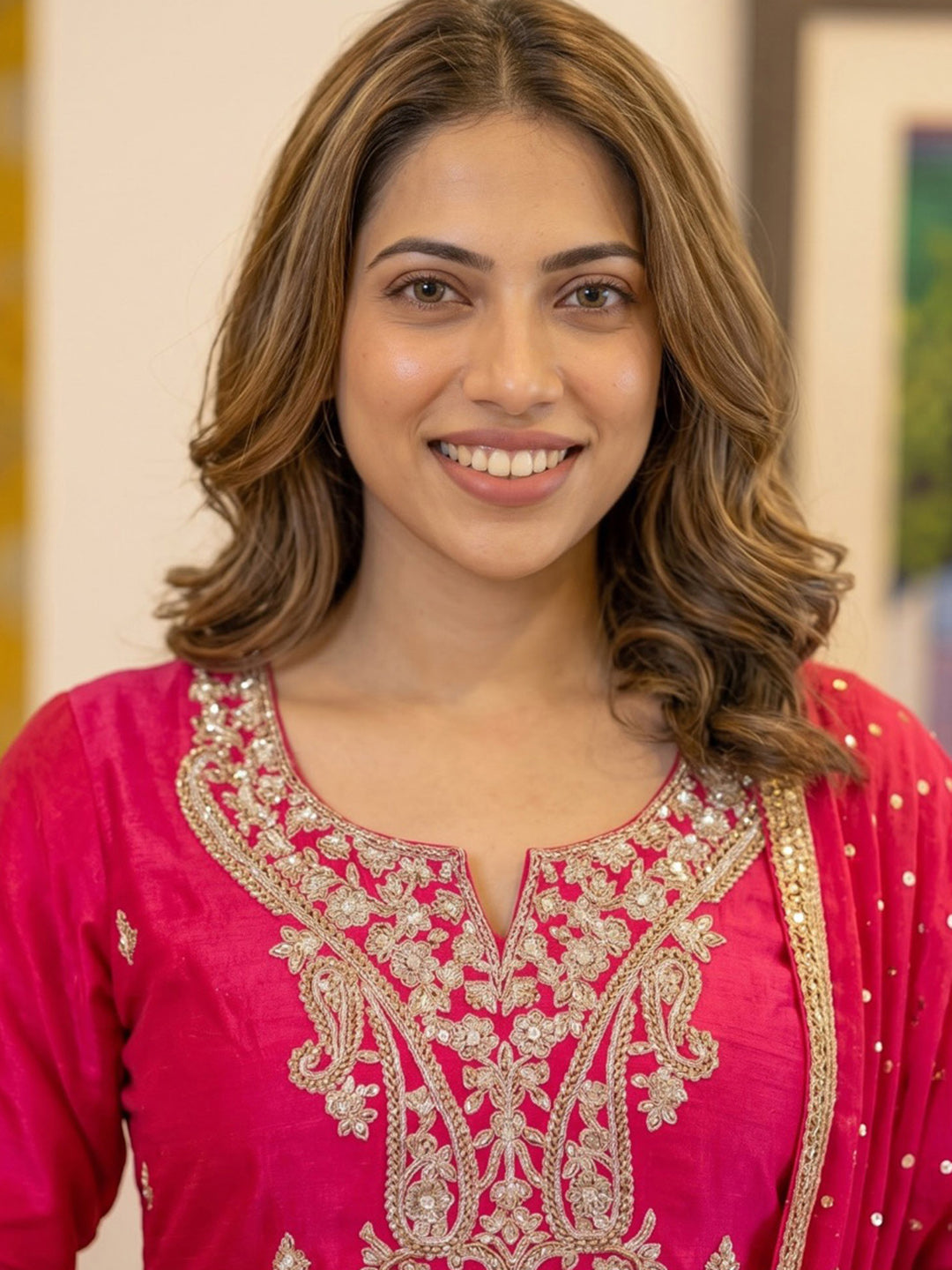 Red Printed Crepe Kurta With Pant &amp; Dupatta