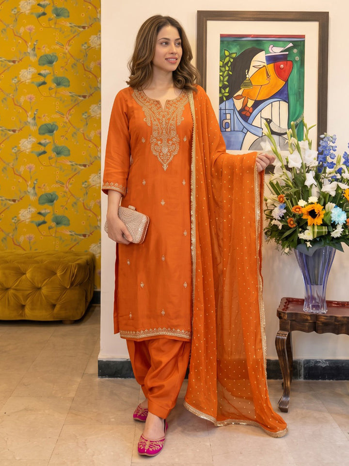 Rust Printed Crepe Kurta With Pant &amp; Dupatta