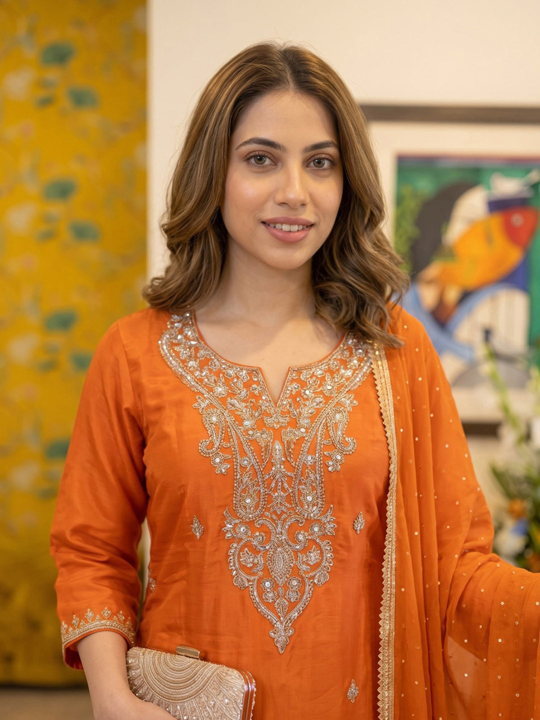 Rust Printed Crepe Kurta With Pant &amp; Dupatta