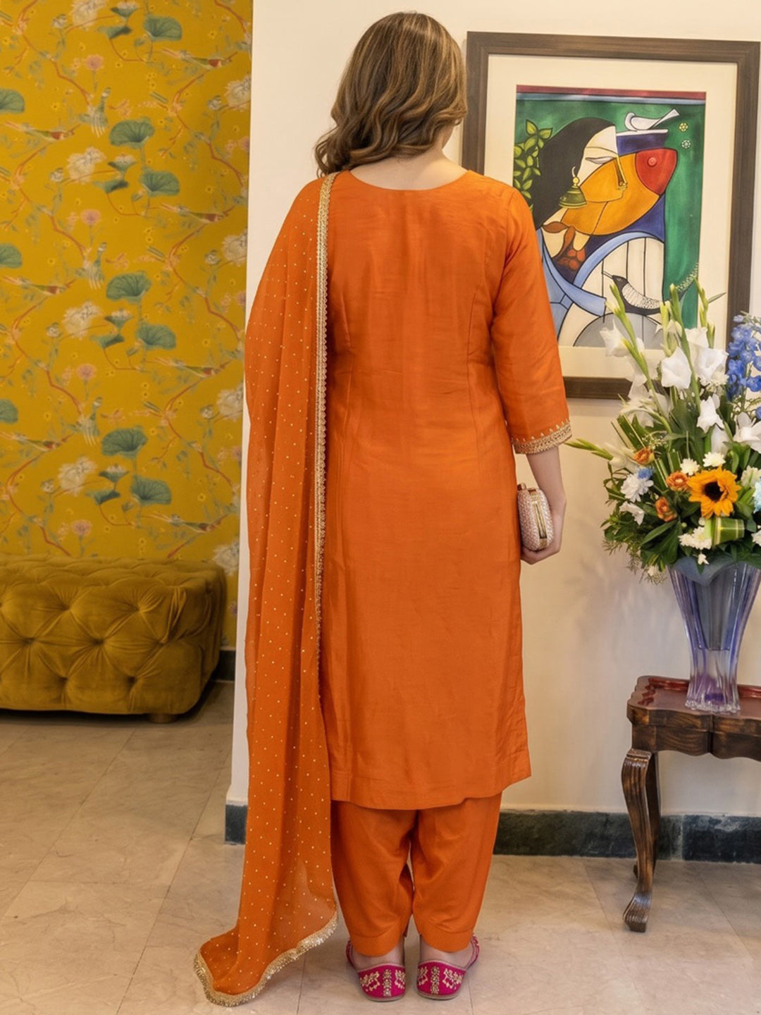 Rust Printed Crepe Kurta With Pant &amp; Dupatta