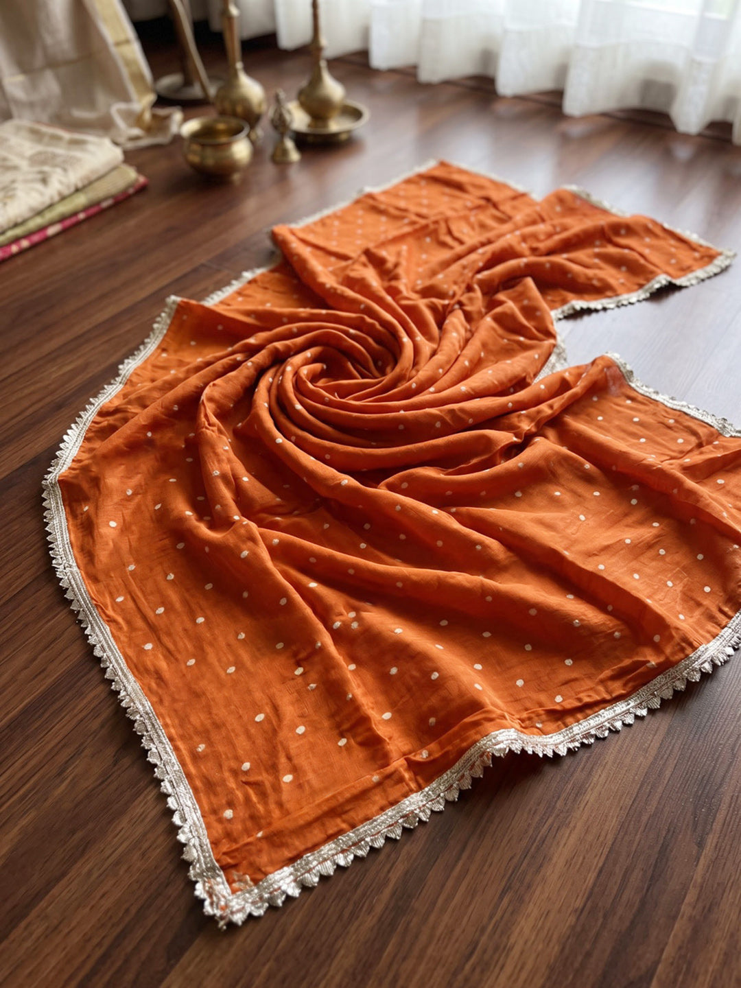 Rust Printed Crepe Kurta With Pant &amp; Dupatta