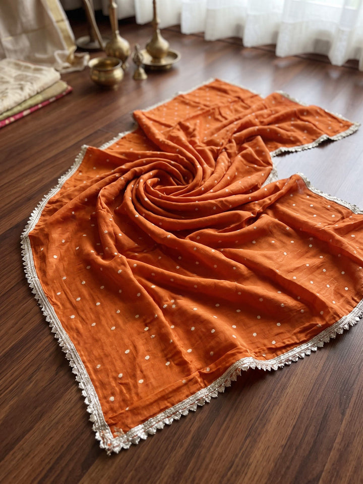 Rust Printed Crepe Kurta With Pant &amp; Dupatta