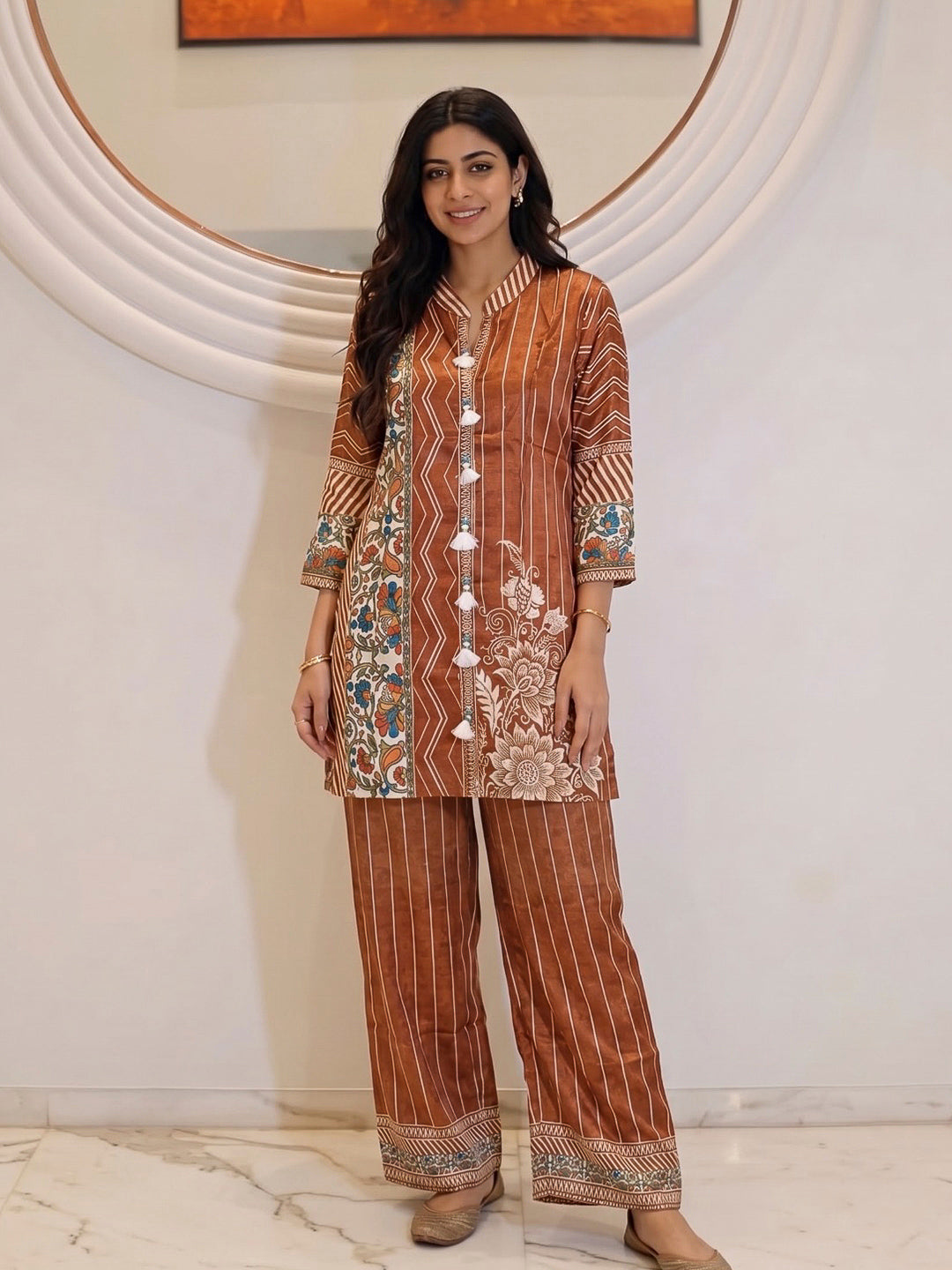 Brown Printed Crepe Kurta Set